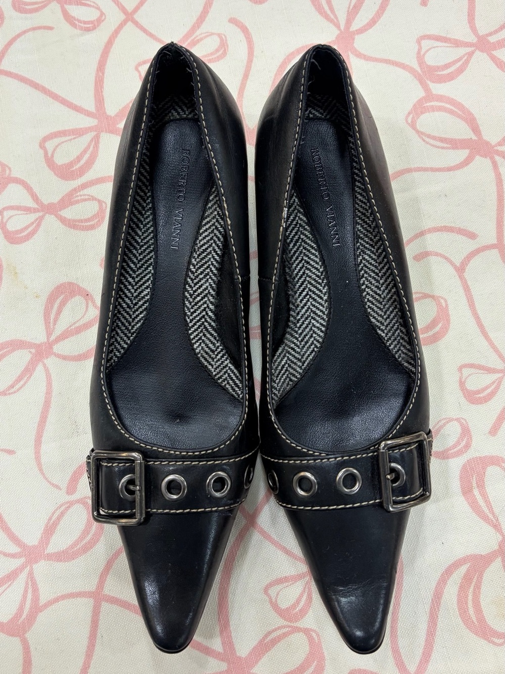 Roberto Vianni Black Pointed Leather Heels with Buckle Detail